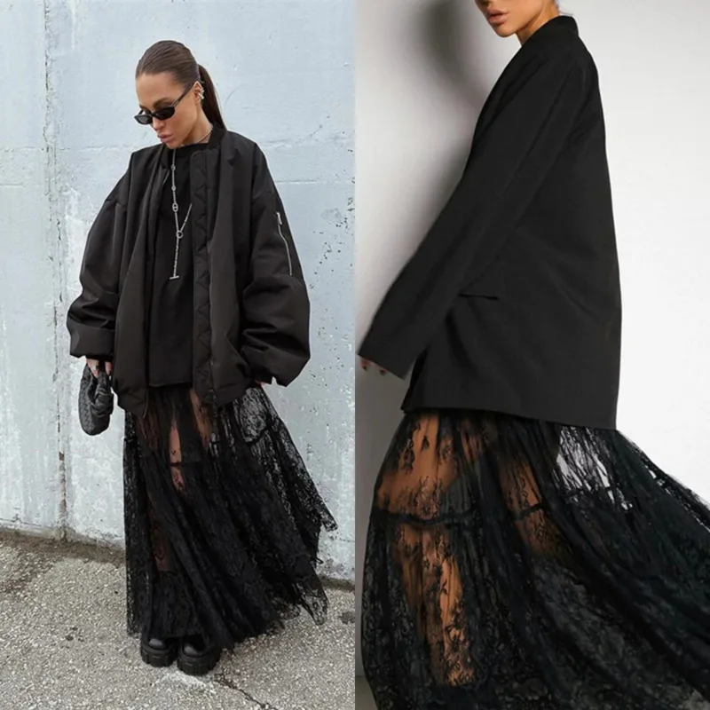 

Elegant Black Lace Maxi Skirt Women's High Waist Bottom Summer Sexy Sheer Niche Aesthetic Skirt Fashion Patchwork Umbrella Skirt