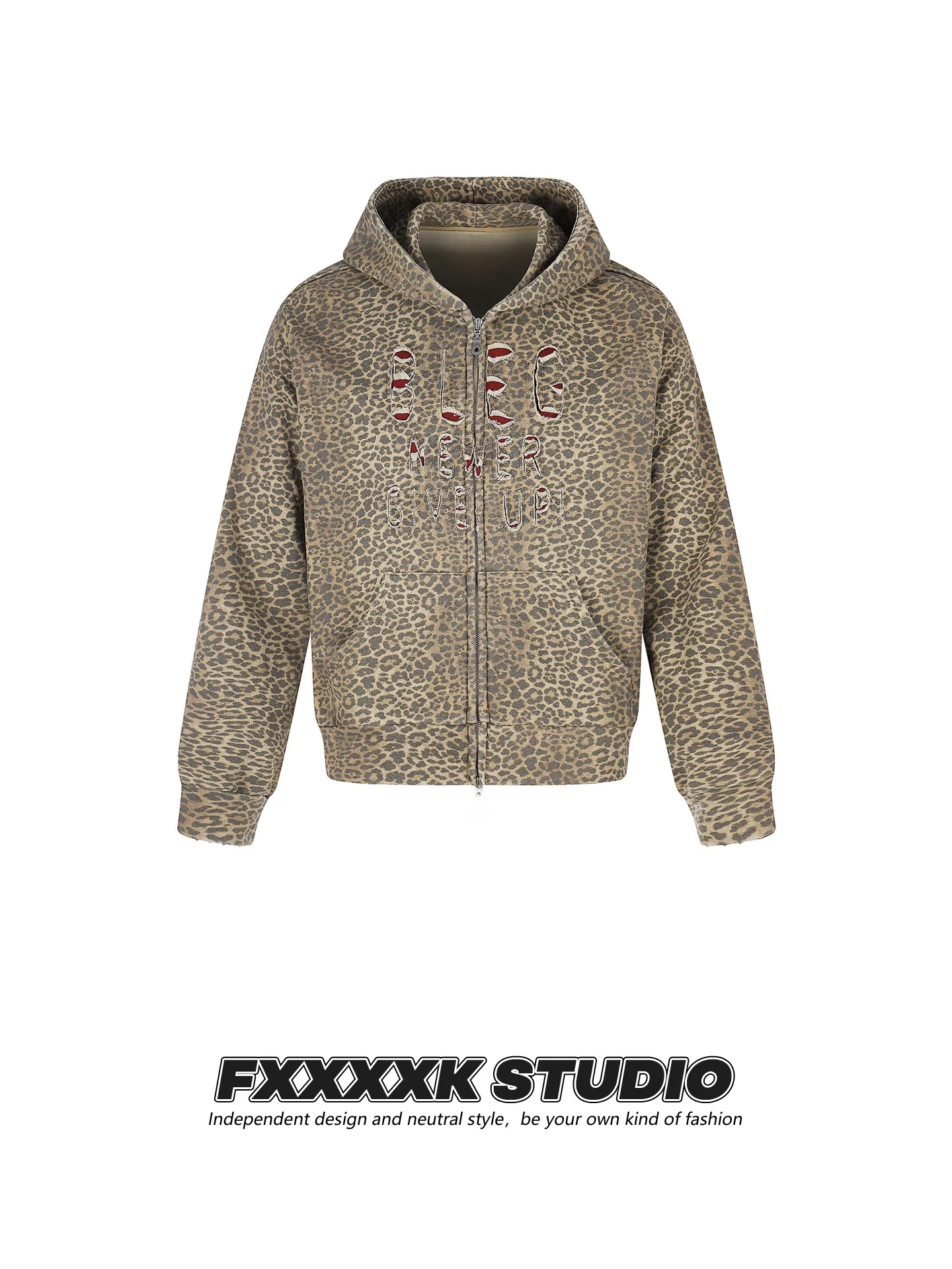 Jaqueta Cardigã Unissex FXK Original com Estampa de Leopardo, Rasgada, com Zíper Curto, Estilo Casual, Algodão e Poliéster, p...