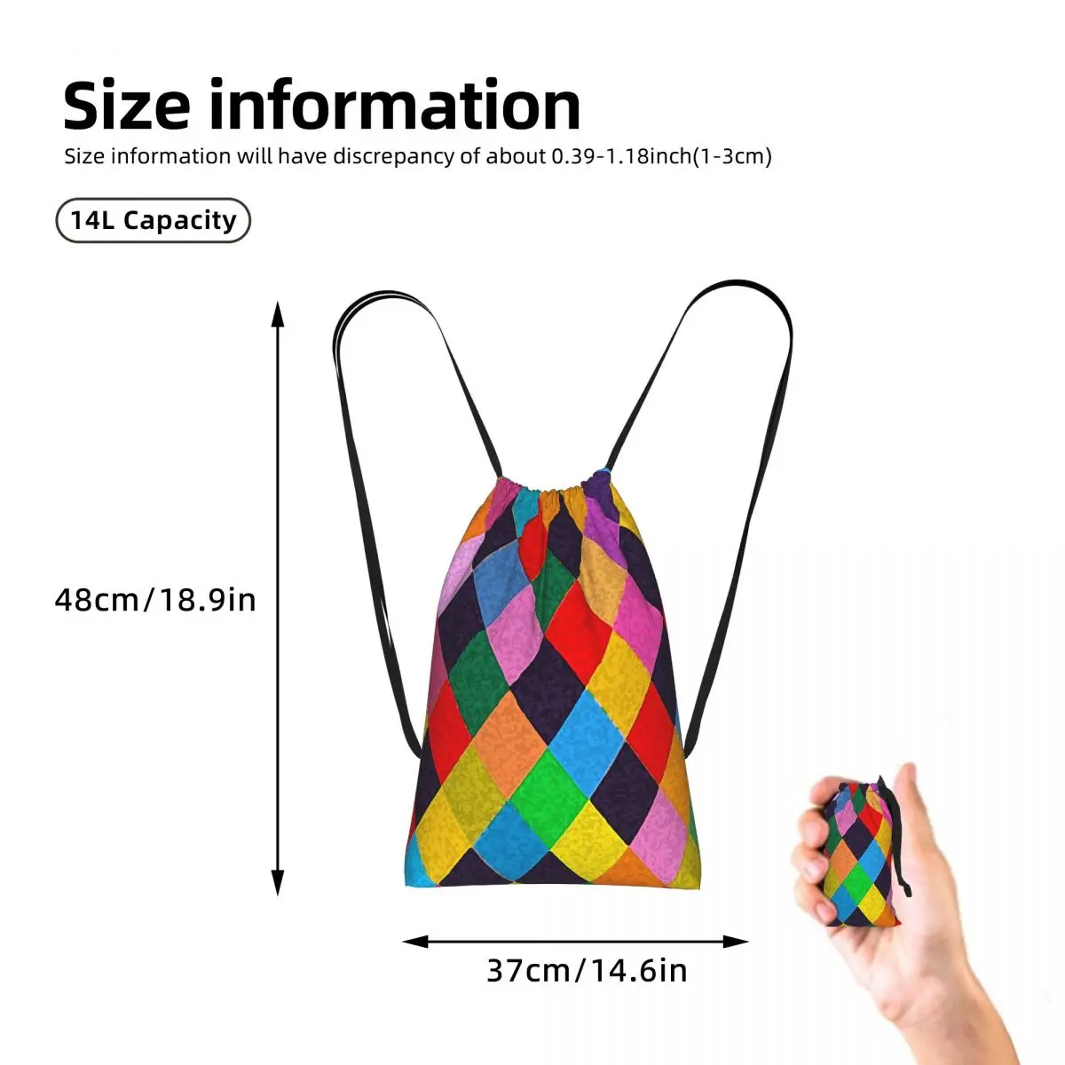 Mardi Gras Harlequin Plaid Playing Cards Rhombi Drawstring Backpack hiking cycling Bag Travel Drawstring Bag for Men Women