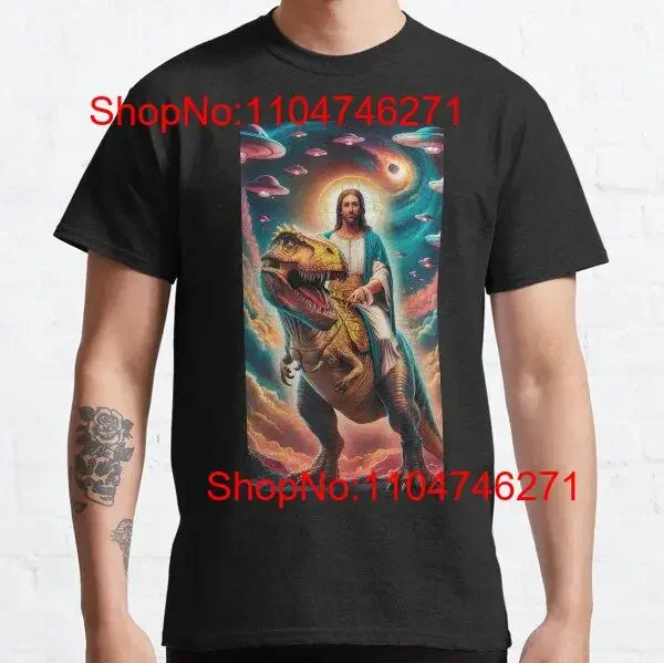 Jesus montando um t rex camisa clássica vintage lavada versátil esticado gráfico macio unissex casual roupas de grife respirável