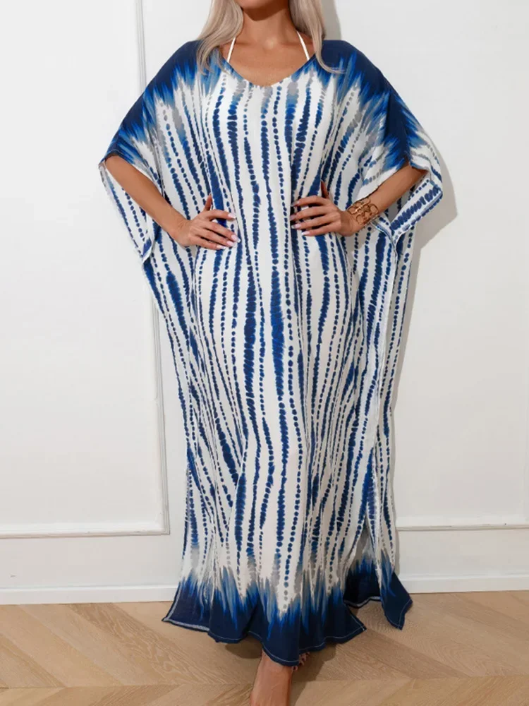 New Tie Dye Striped Swimsuit Cover-Ups Women Robe Chic V-Neck Plus Size Beach Long Dress Summer 2025 Fashion Beach Cover Up