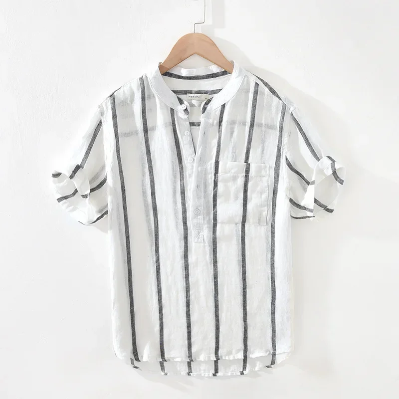 Literature and Art Retro Stripe Linen Short Sleeve Shirt Men\'s Loose Stand Collar Linen Shirt