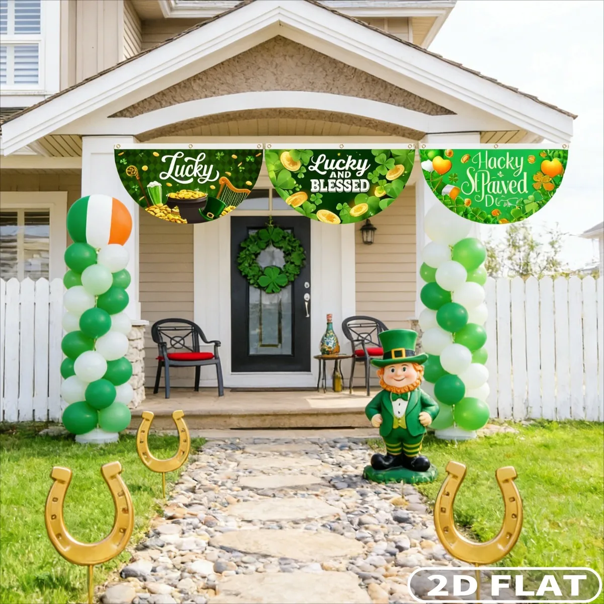 2D FLAT 4 Pcs Spring St. Patrick's Day banner, 18.11x35.82 Inch Polyester Lucky Blessed Shamrock Colver Half Fan Banner