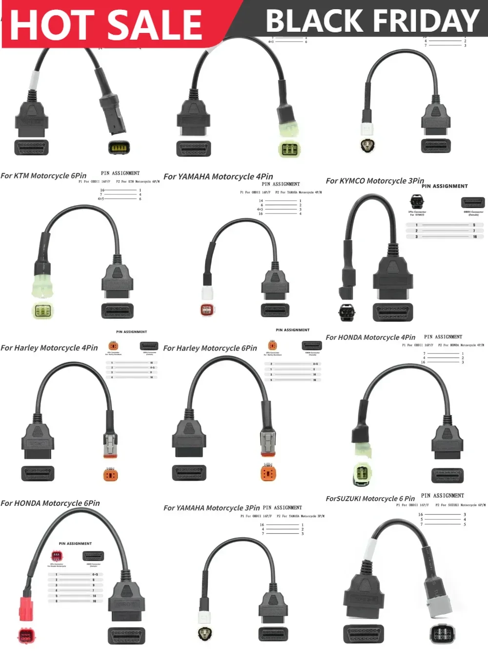 NEW OBD 2 Extension Cable OBD2 Connector Motorcycle Motobike 3/4/6Pin To 16Pin For KTM/YAMAHA/SUZUKI/Ducati/Kawasaki/HONDA