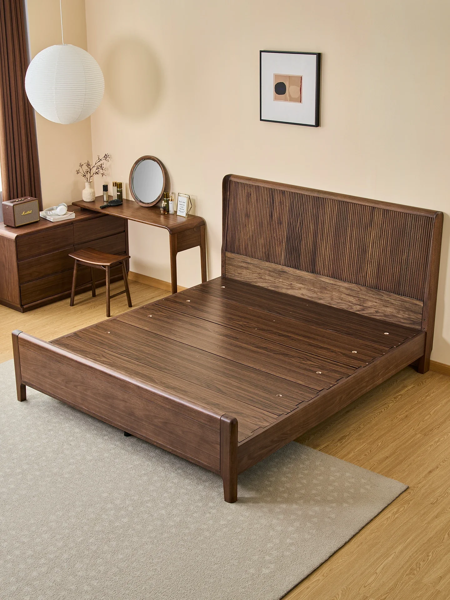 LH Solid Wood Double Bed New Chinese Solid Wood Padded Bed Household