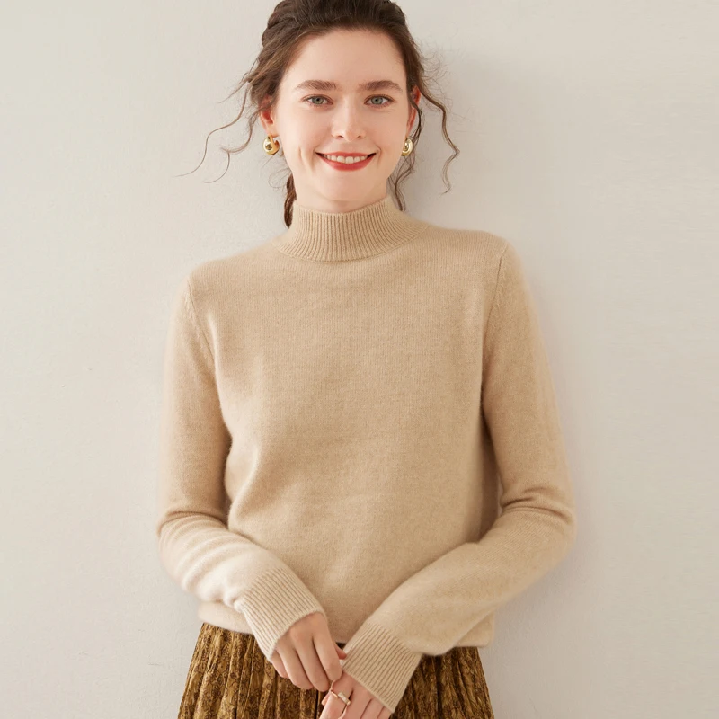 Autumn and winter new 100% cashmere sweater solid color half-high collar cashmere women's loose casual knit top pullover