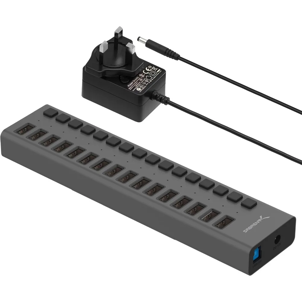 16-Port USB 3.0 Hub with Individual Power Switches, 90W High-Power Output for Fast Data Transfer and Charging