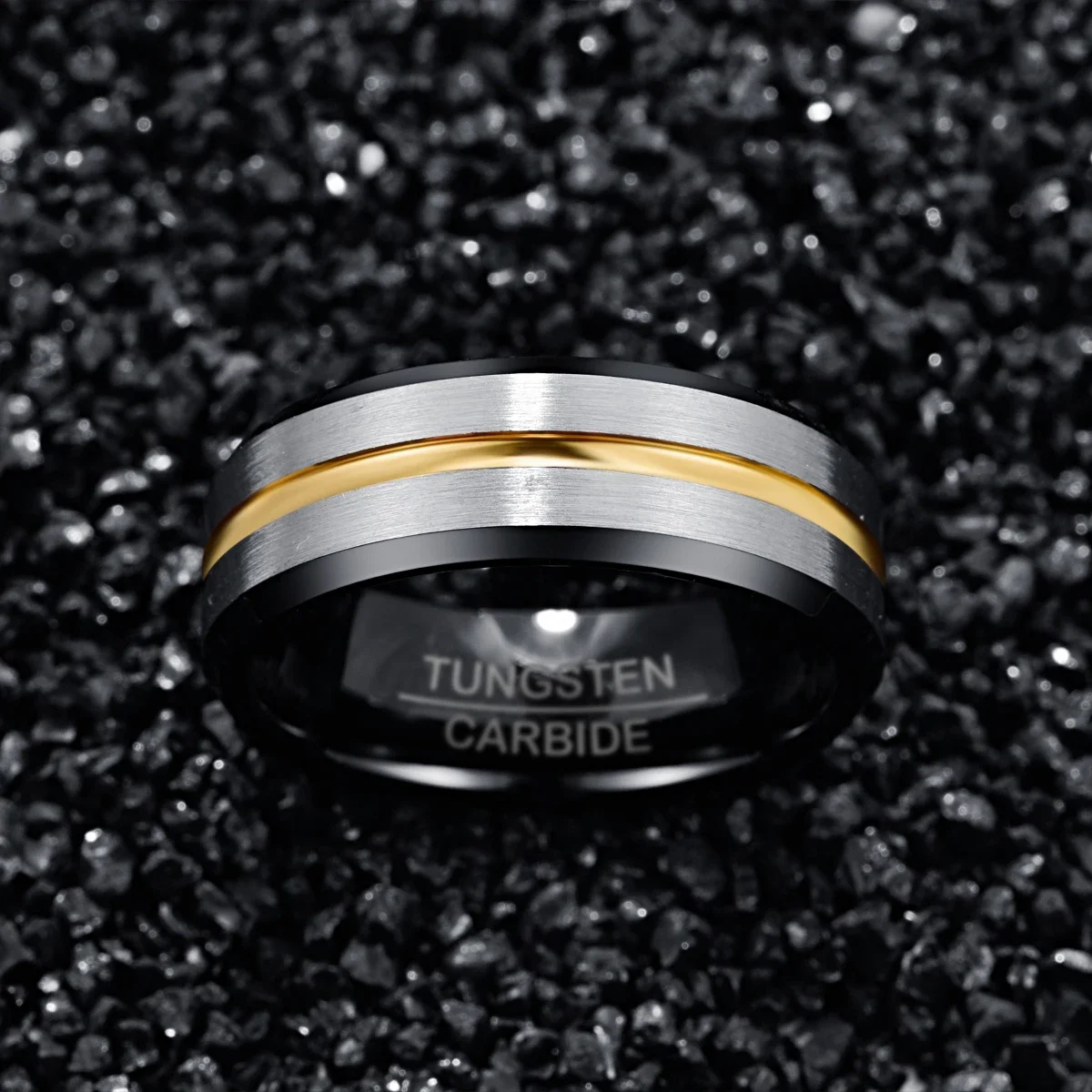 NUNCAD 8mm Width Tungsten Carbide Ring Electroplated Black Inner Ring Bevel Gold Groove Frosted Tungsten Steel Men's Ring T175R image 3