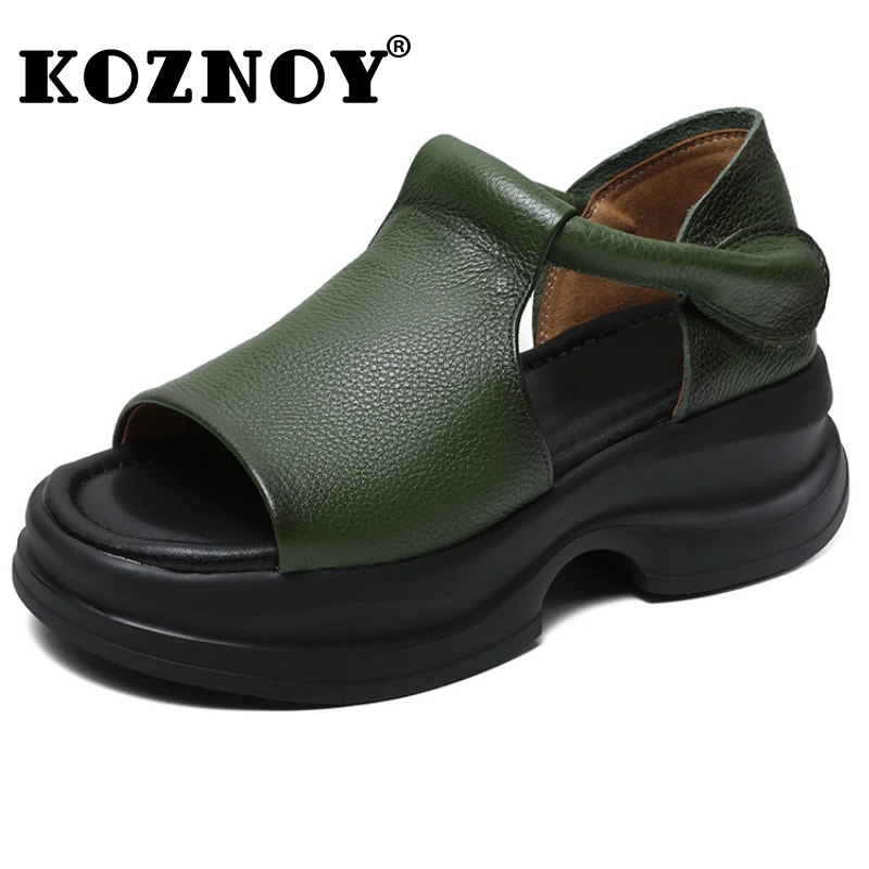 

Koznoy 4.5 Women Sandals Luxury Designer Ethnic Cow Genuine Leather Summer Hook Platform Wedge Leisure Females Slippers Shoes