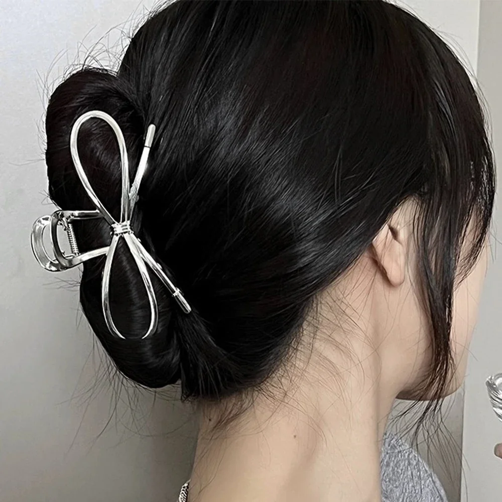 silver Irregular Bow Large Grab Clip WOMEN'S Back Hair Clip Simple Design Advanced Sense Shark Clip Suitable for Daily US