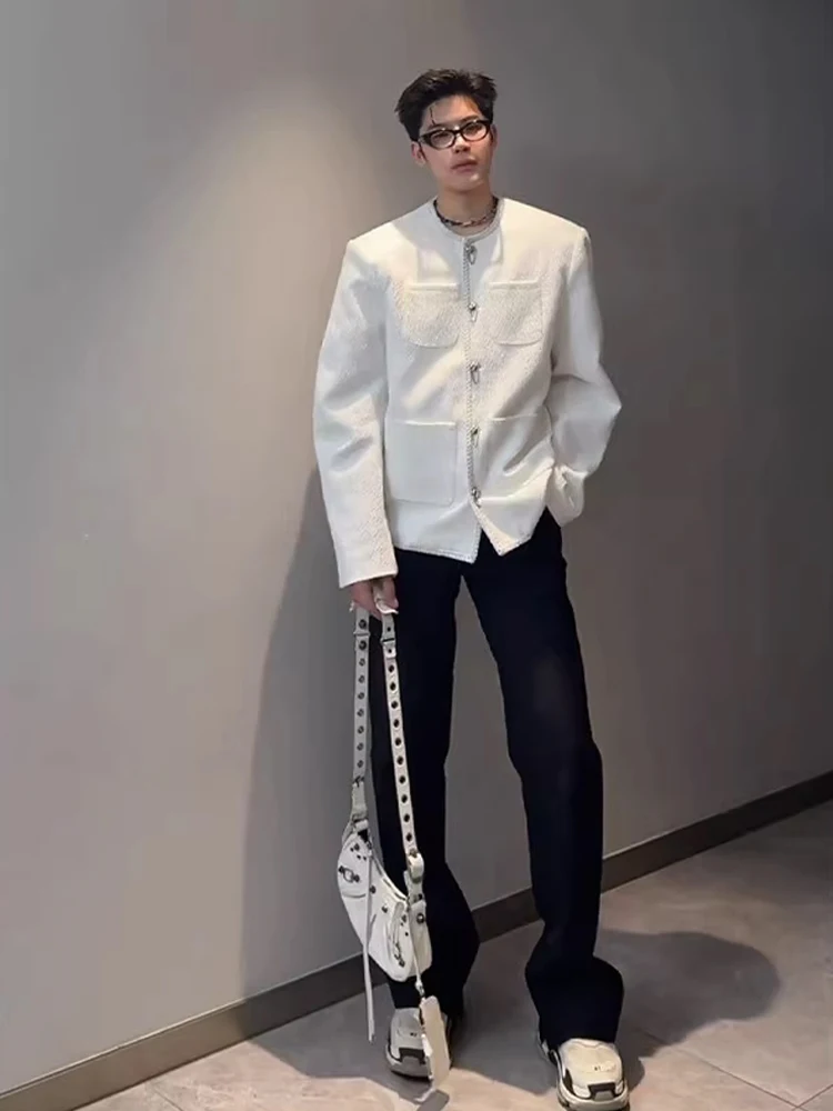 

Faionable White oulder Pad Jaet Men's ort Collarl Korean Sle Urban Outfit Stand Fit Polyester Fiber Windproof