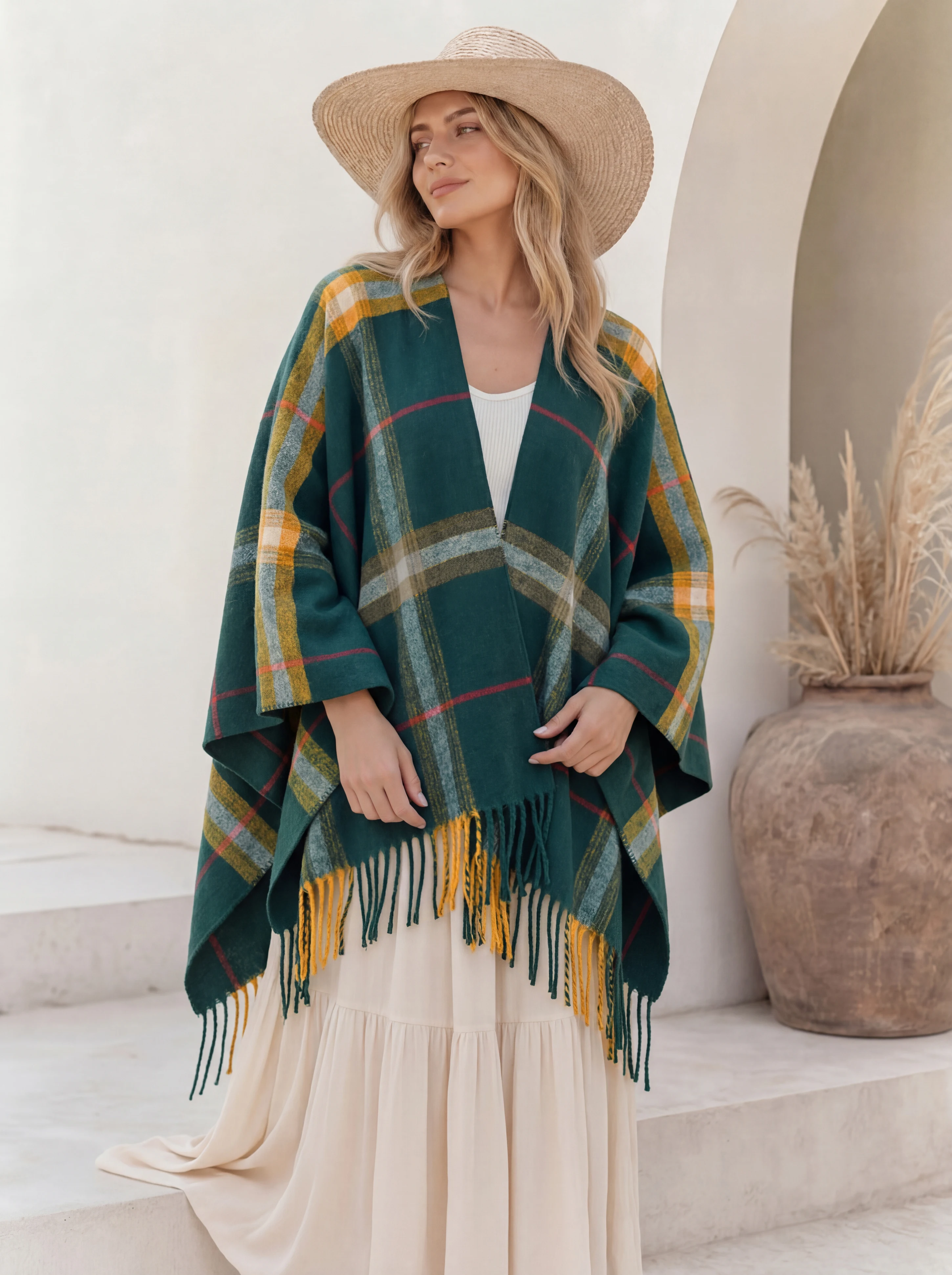 Plaid Tassel Poncho Shawl, Oversized Checkered Wrap Cape, Warm Layering Coverup for Daily & Holiday