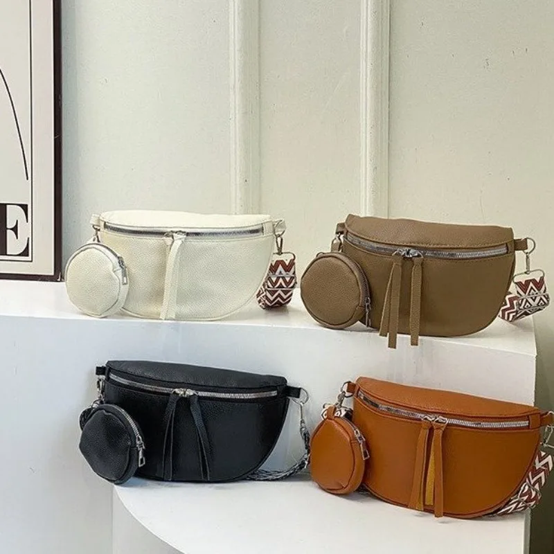 

2025Casual solid color commuter bag simple western style street style fashion crossbody chest bag travel waist bag two-piece set