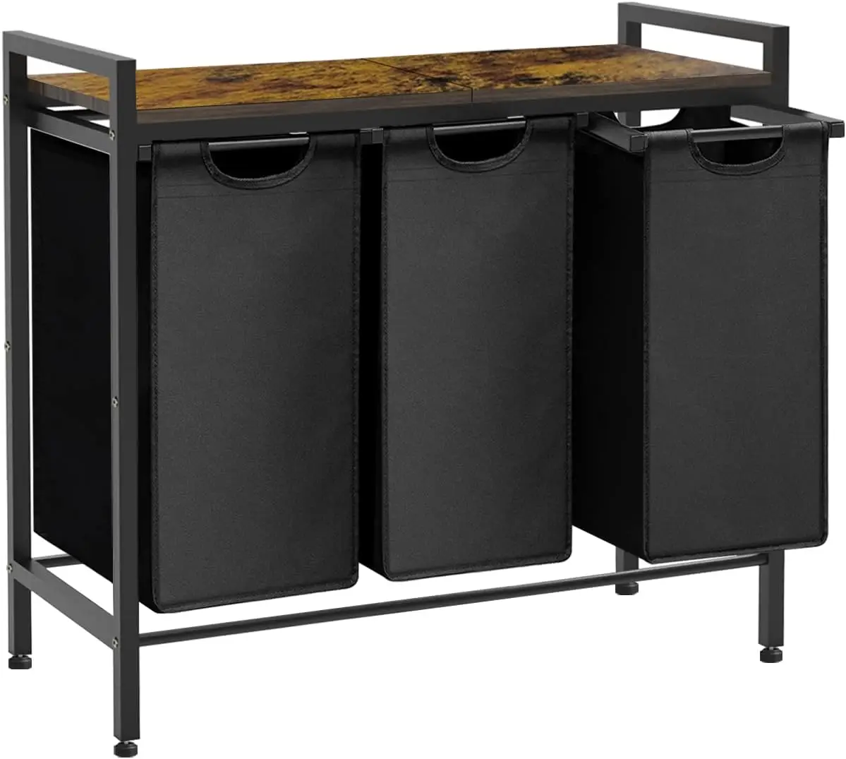 

3-Bag Laundry Hamper with Pull-Out Bags, Wood Top Shelf, Black, 8x3 Gal
