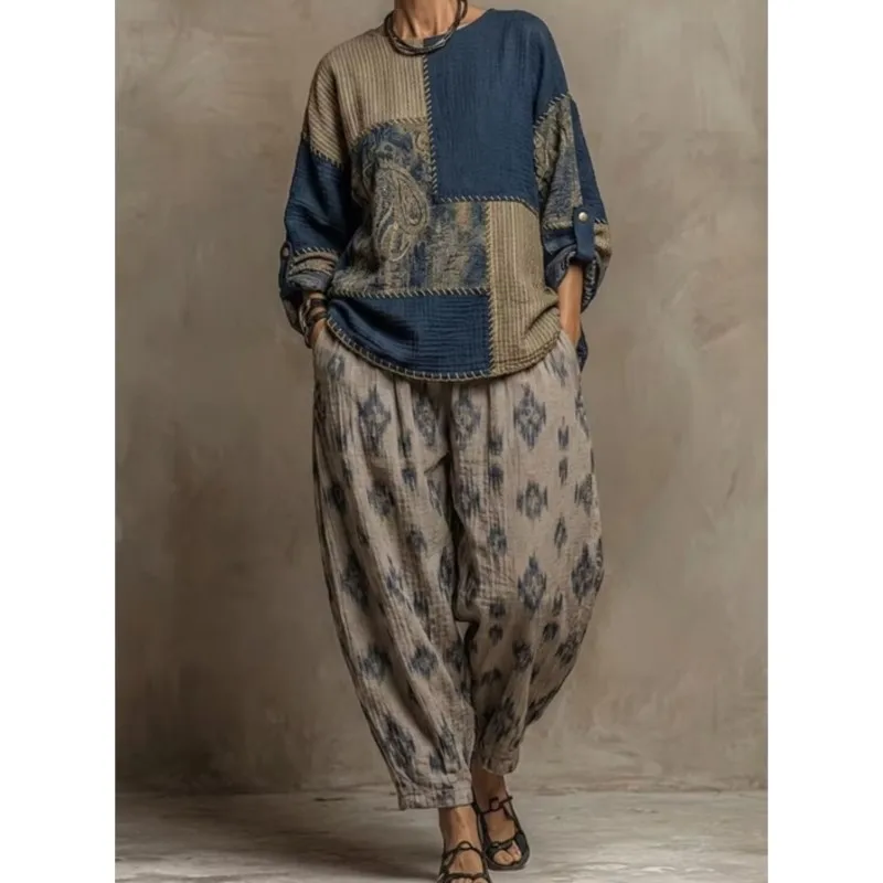 Women's Spring Autumn Hoodie Two Piece Set Bohemian Fashion Color Blocked Top+Lantern Pants Suit Ladies Comfortable Loose Outfit