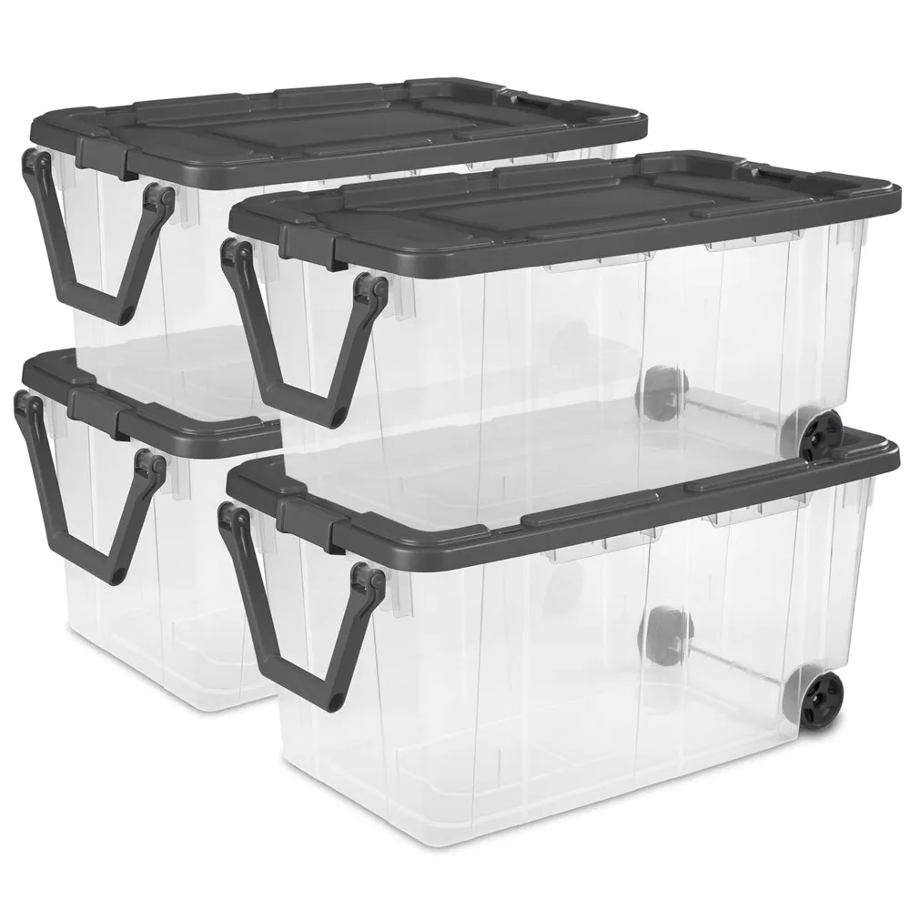 Caja apiladora Modular de 4 paquetes, contenedores de almacenamiento de plástico transparente duraderos con tapas de enganche, 160 cuartos, Co organizador apilable
