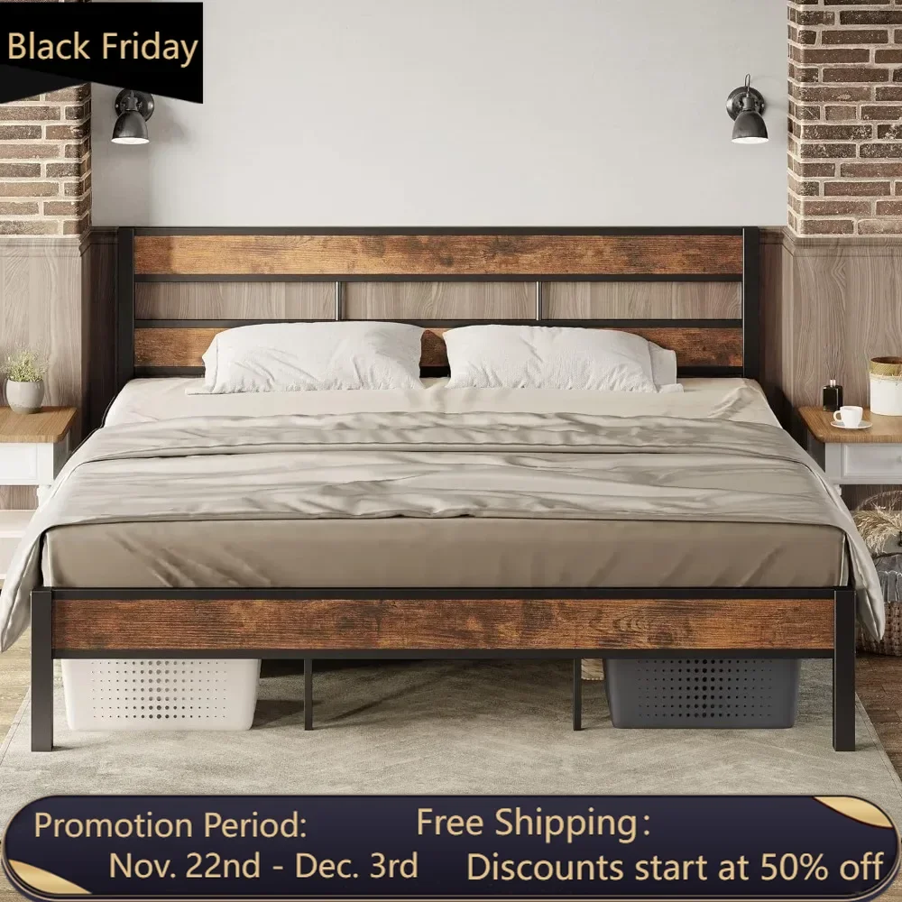 King Bed Frame, Easy Assembly, Noise-Free, No Box Spring Needed, Heavy Strong Metal Support Frames, Double-Row Support Bars