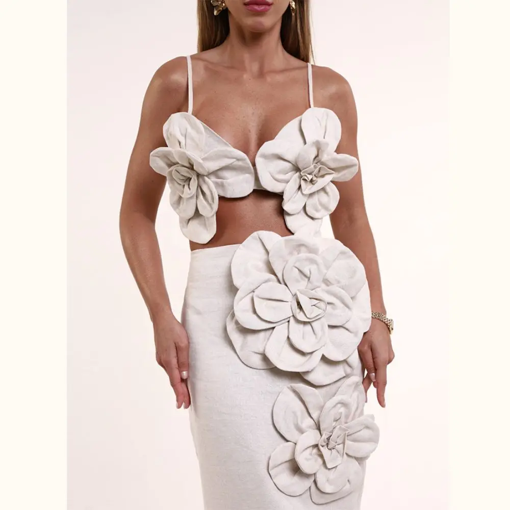 Imagem -05 - Terno de Saia Floral Monocromático Tridimensional para Mulheres Vestido de Férias de Praia Camisola Sexy Chique Vestido de Festa 2023