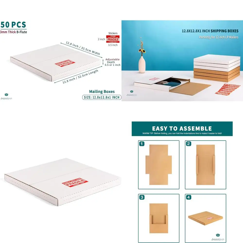 

12 коробок для виниловых пластинок, 50 штук в упаковке, 12,8 дюйма (длина) x 12,8 дюйма (ширина) x 1 дюйм (высота), легко складываются, разной глубины для отправки альбомов, в комплекте наклейки для хрупких предметов