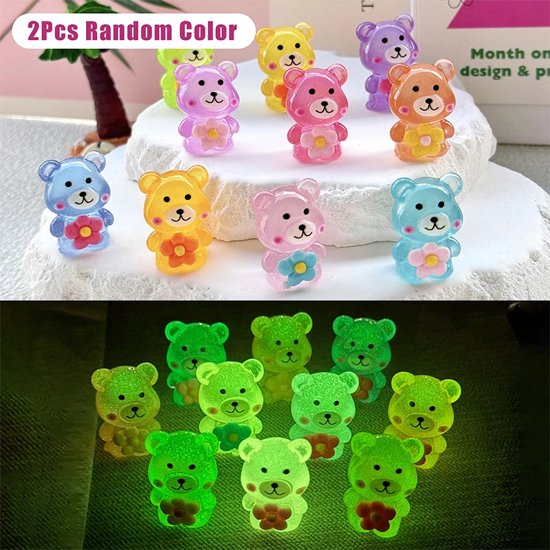 

2Pcs Cartoon Luminous Hug Flower Bear Mini Figurine Micro Landscape Decoration Cute Miniatures Home Decoration Accessories