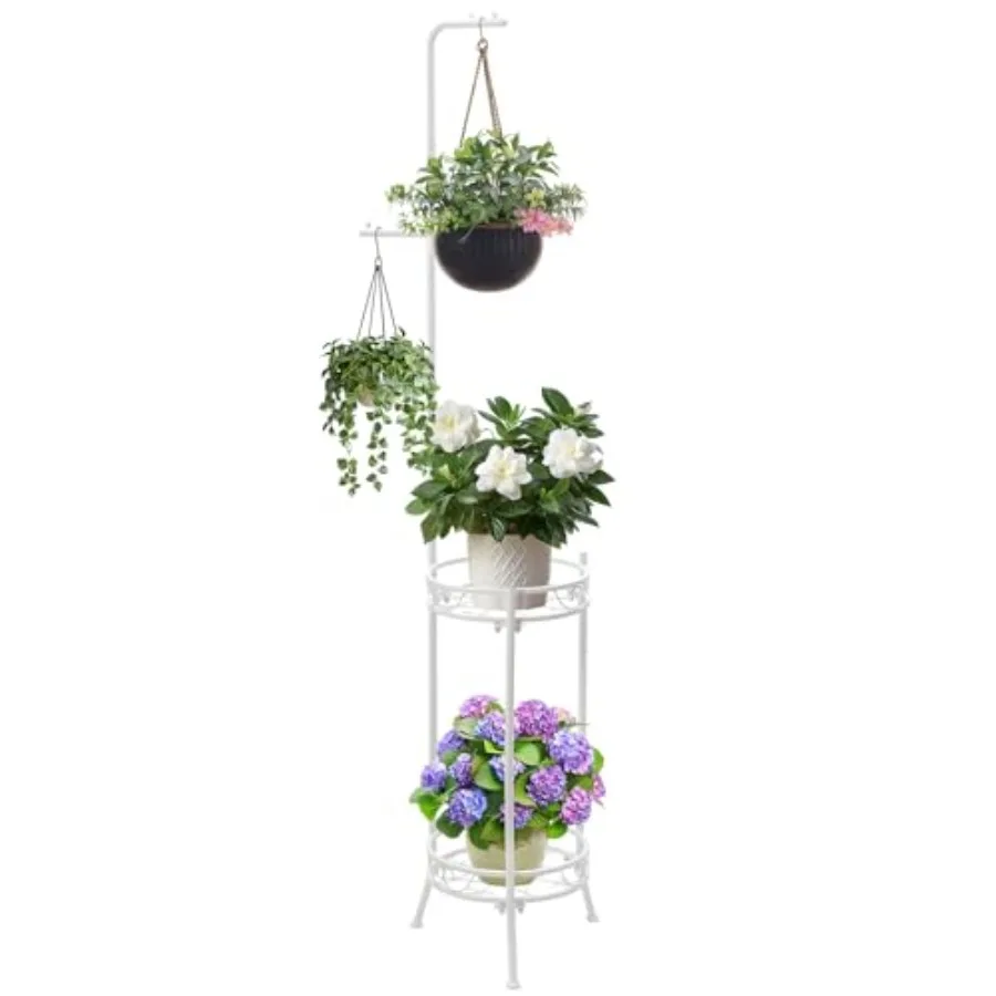 

Adjustable Metal 4 Potted Flower Pot Plant Stands - 2 Tier 72 inch Tall Indoor Outdoor Heavy Duty Plant Shelf with Hangers - Pe