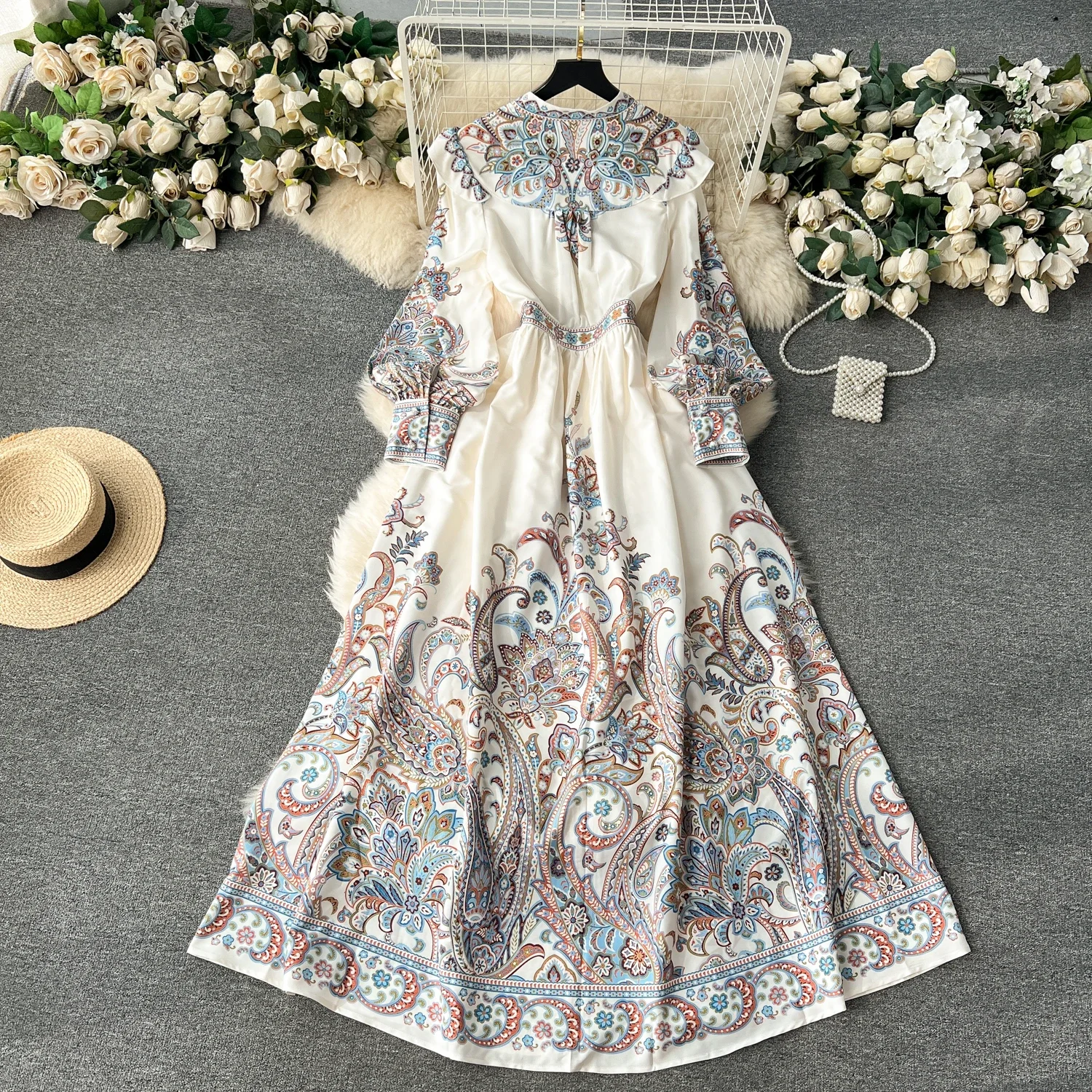 Vintage Print Elegant V-neck Long Sleeve Single Breasted A-line Dress High Waist Casual Women  Fashion Autumn Spring Dress