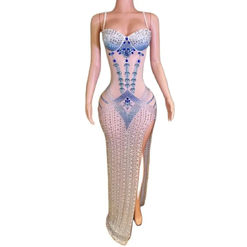 

New Glisten Crystals Stones Dress Sexy NakeEvening Party Wear Bright Rhinestones Bodysuit Costume Prom Birthday Celebrate Outfit
