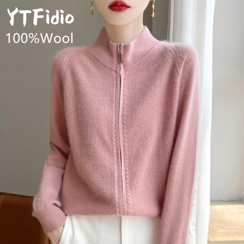 YTFidio ขนสัตว์ 100% ผู้หญิงซิปเสื้อกันหนาวถักเสื้อกันหนาวคอเต่าซิปเสื้อสเวตเตอร์ถัก Casual หลวมด้านบนเสื้อกันหนาวหนา 171