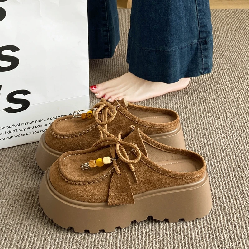 

7CM Women Shoe Retro Baotou Mule Shoes Fashion Lace Platform Slippers for Woman Luxury Casual Shoes Designer Shoes Zapatos Mujer