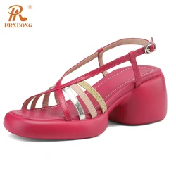 PRXDONG New Arrival Genuine Leather Chunky High Heel Platform Yellow Rose Red Summer Dress Party Casual Lady Shoes Woman Sandals