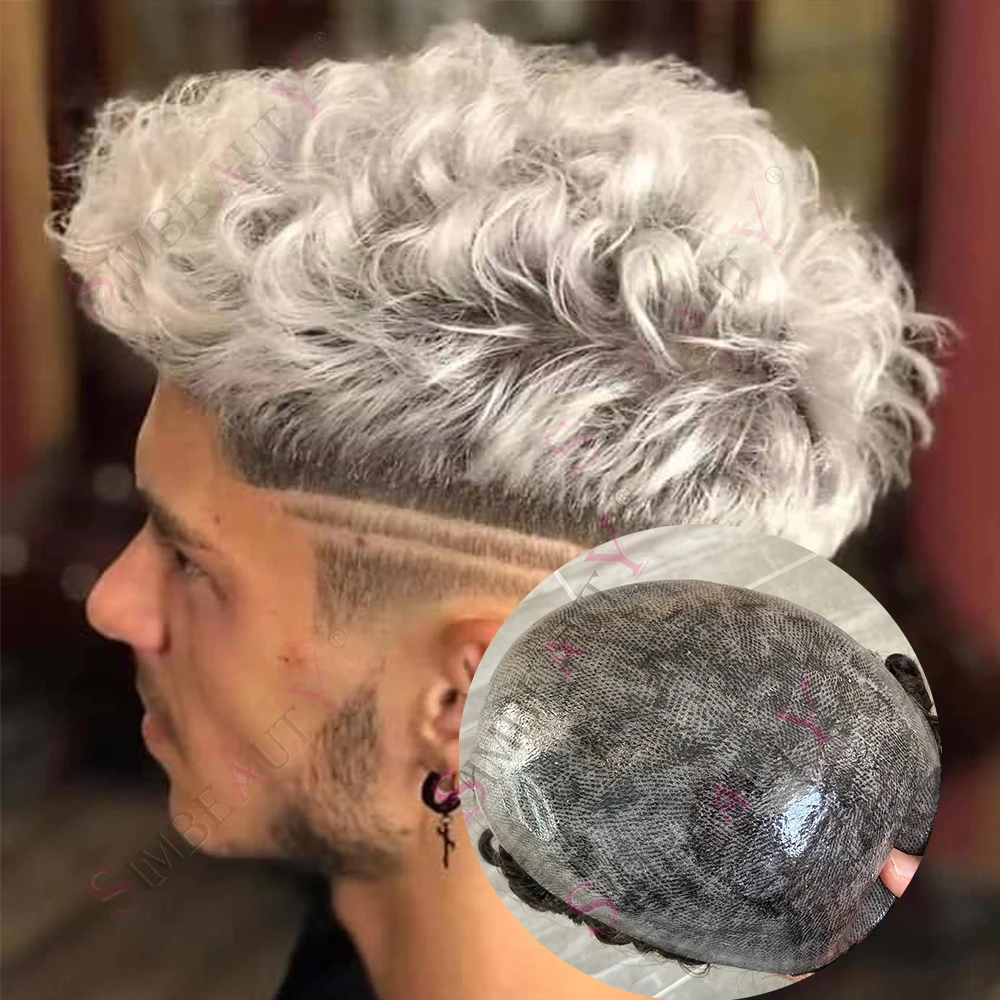 

1B80 Afro Grey 20mm 18mm 15mm Curly Durable Full Skin Men Toupee Male Hair Replacement Natural Hairline Cheap Capillary Prosthes