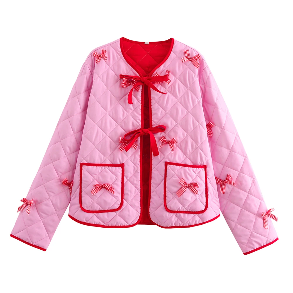 Vintage Romantic Round Neck Long Sleeves Age Reduction Sweet Pink Color Bow Design Women Loose Open Stitch Coat ZATT 2024 New