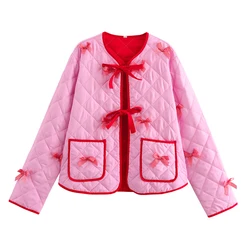 Vintage Romantic Round Neck Long Sleeves Age Reduction Sweet Pink Color Bow Design Women Loose Open Stitch Coat ZATT 2024 New