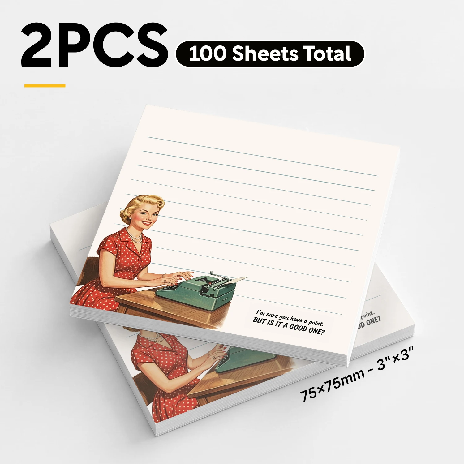 2 pcs Vintage Sticky Notes, 100 Sheets Total, Lined Self-Stick Memo Pads, Funny Office Notes with Retro Typewriter Design