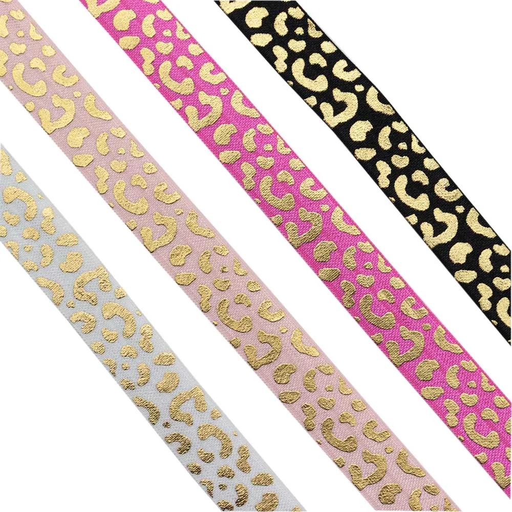 5/8\'\' 15mm Gold Silver Foil Leopard Print Fold Over Elastic Ribbon FOE Band For Hair Ties Headwear DIY Sewing Decoration