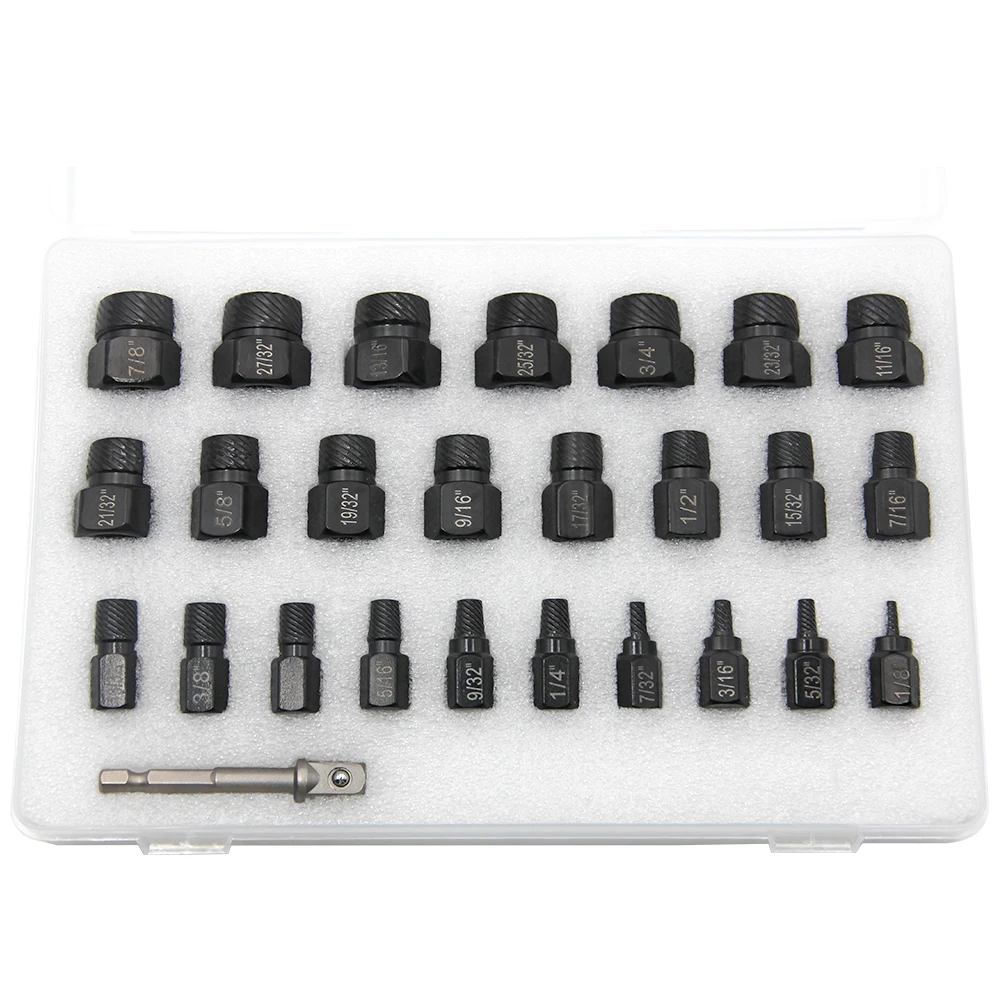 26pcs Screw Extractor Kit Standard 3/8-inch Drive Reverse Spiral Groove Easy Bolt Extractor Kit Stripped Broken Remover Tools