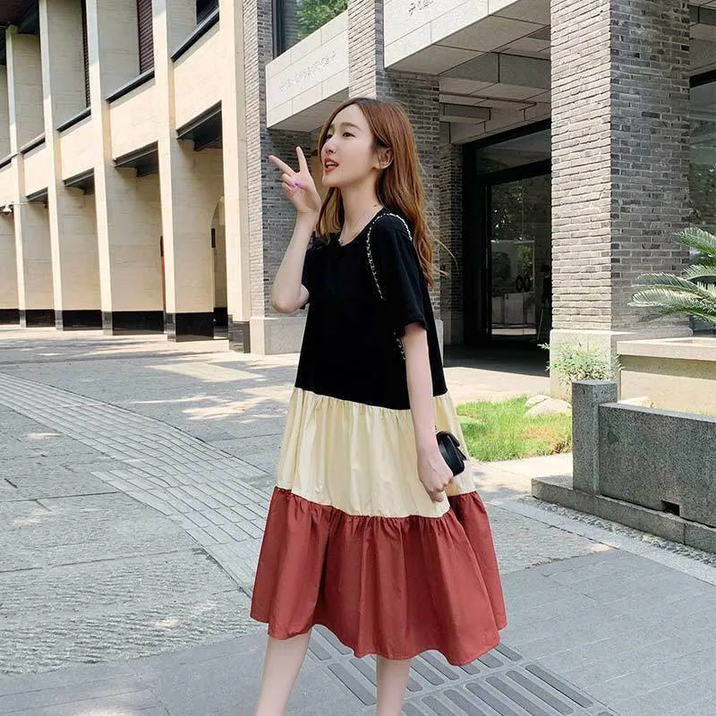 Women Vintage Patchwork Mini Dresses Summer Casual Short Sleeve Pleated Dress Y2k Female Loose O Neck Streetwear Dress NS5678