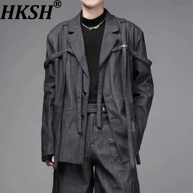 

HKSH Spring Autumn New Man Trend Dark Style Design Niche Ribbon Patchwork Loose Casual Blazer Elegant Fashion Suit Pants HK13983