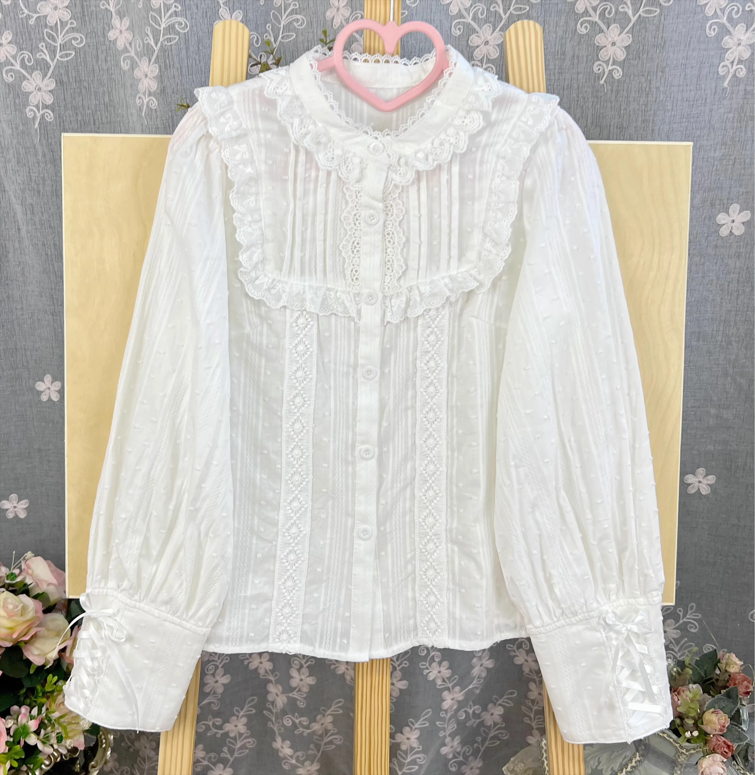 Lolita Lace-up Long-sleeved Ruffles Stand-up Collar Shirt Girl Spring Autumn Lace Cute Age-reducing Versatile Bottoming Shirts