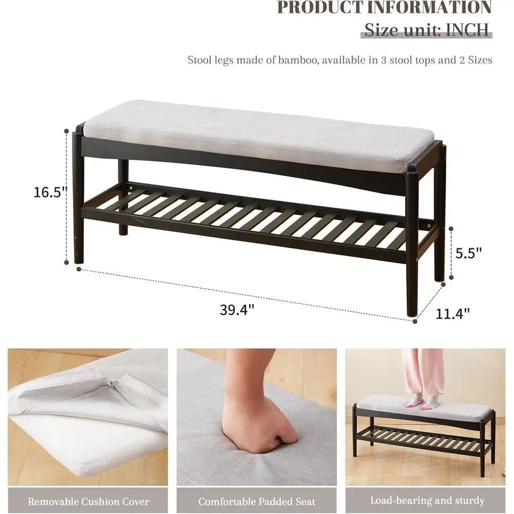 2-Tier Bamboo Shoe Rack with Cushioned Seat for Entryway, Hallway, Living Room, and Bedroom (Black-Gray, 39.4x11.4x16.5IN)