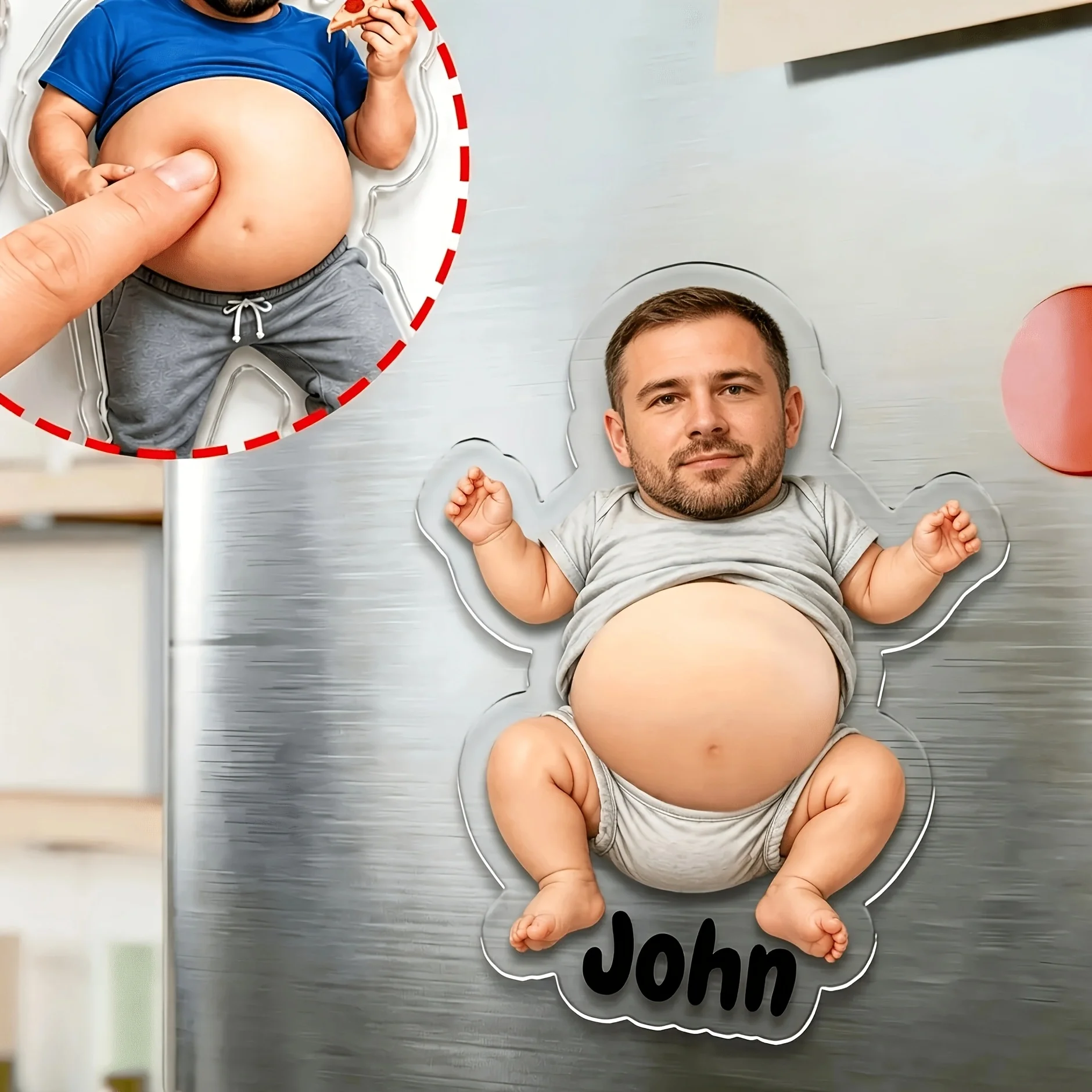 Personalisierbarer 3D-Kühlschrankmagnet im Kochstil mit Quetschbares Bauchdesign, Individuelles Gesicht, Stoßfester Acryl-Kühlschrankmagnet, Quetschbare Dekoration