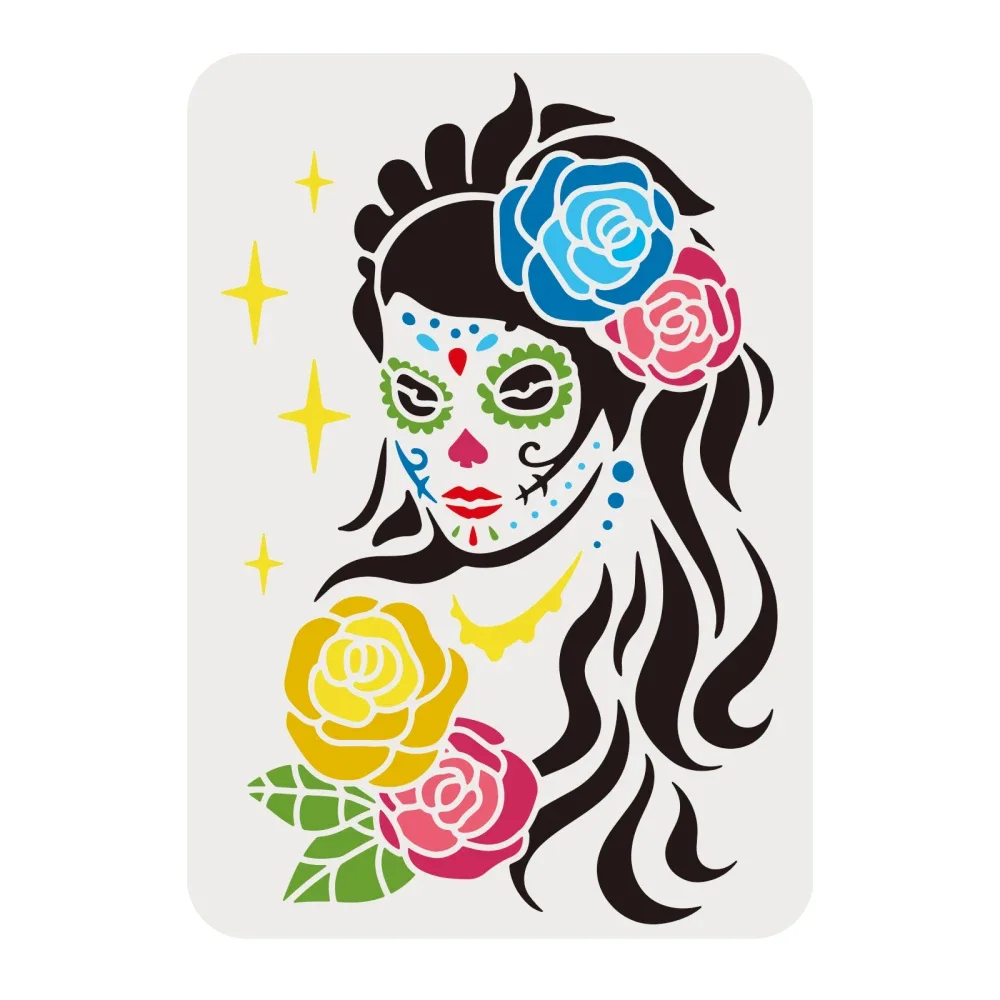 

Women Sugar Skull Day of The Dead Stencil A4 Large Size Lady with Flowers Laser Cut Reusable Airbrush Mylar DIY Art Craft Paint