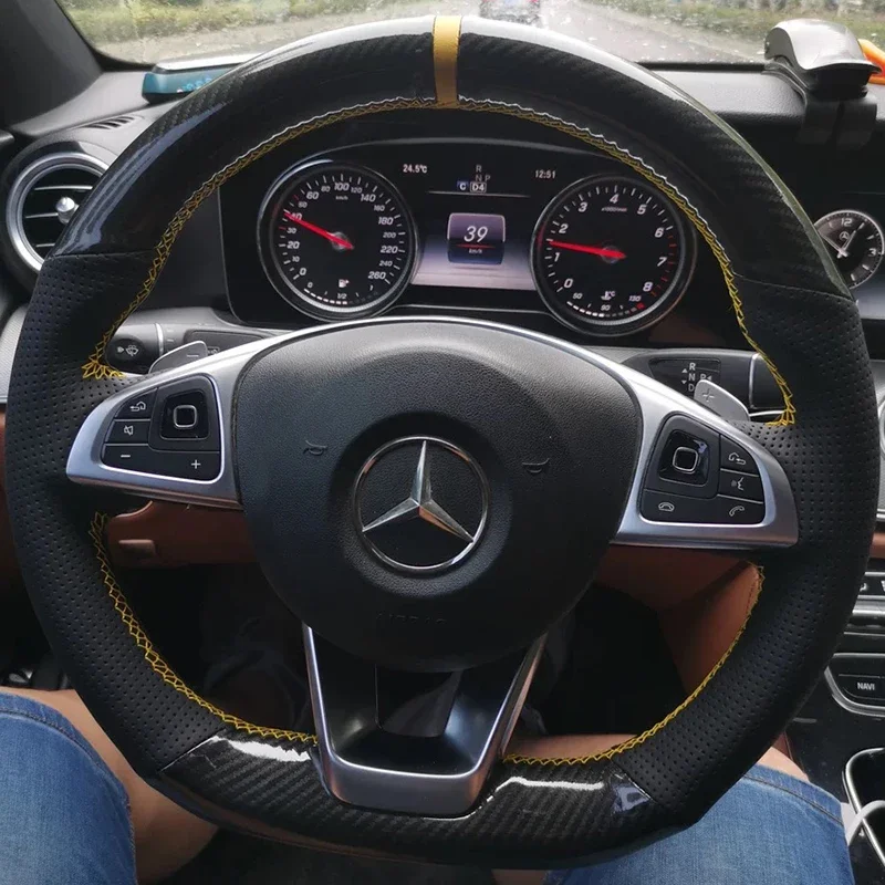 

For Mercedes-Benz C200 C250 C300 B250 B260 A200 A250 Sport CLA220 DIY Hand-stitched carbon fiber suede car steering wheel cover