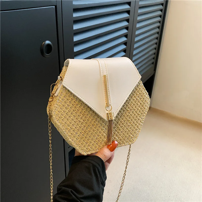 Summer Straw Bag Women Hexagon Chain Crossbody Bag Handmade Weaven Shoulder Bag Fashion Tassel Messenger Bag Bohemia Beach Bag