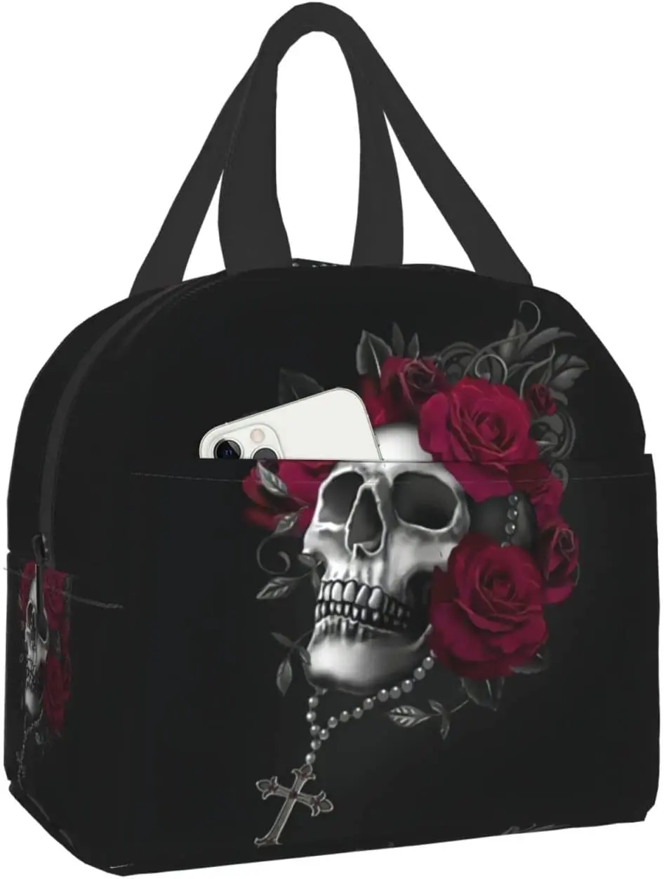 Gothic Rose Skull Insulated Lunch Box Reusable Cooler Tote Bag Waterproof Lunch Holder Gift for Women & Men Work Picnic Travel