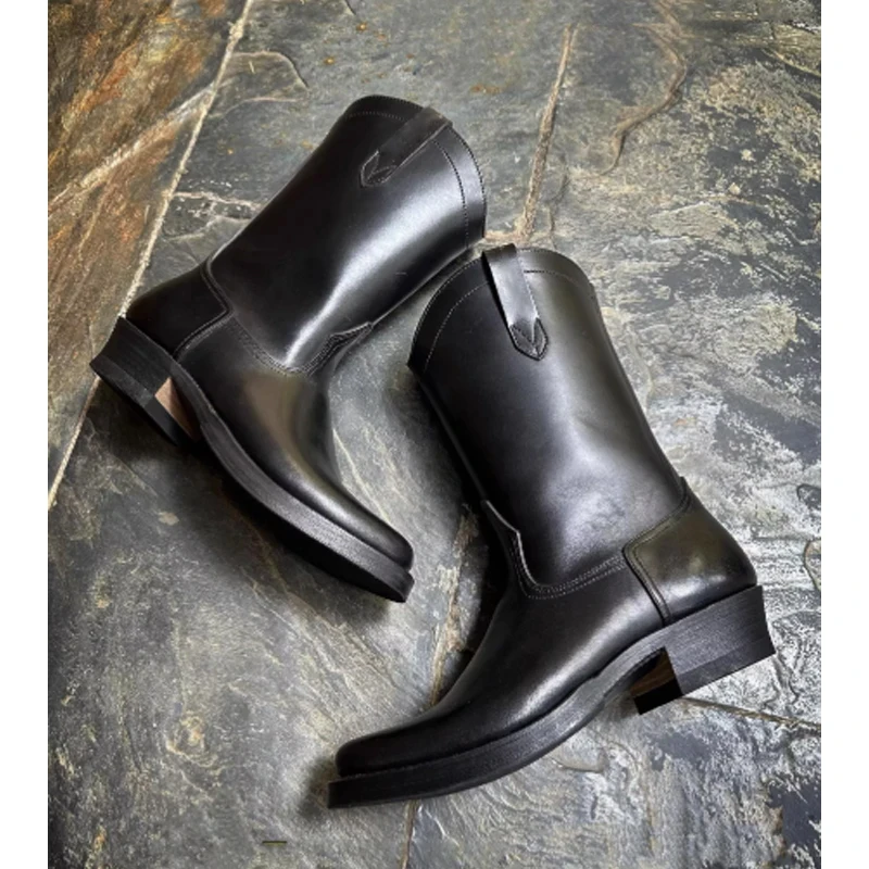 

Men's Black Round Toe Leather Western Cowboy Boots 2026 Slip-On Chunky Heels Mid-Calf Moto Boots for Riding & Daily Wear