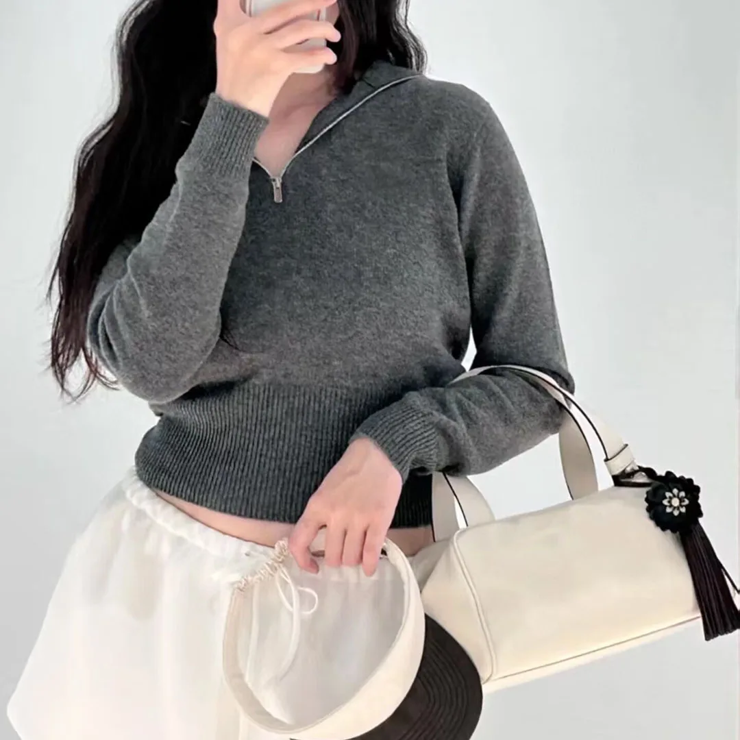 

Preppy Style Sailor Collar Zipper Long Sleeve Short Design Knitted Pullover Women Solid Color Slim Waist Sweet Cashmere Sweater