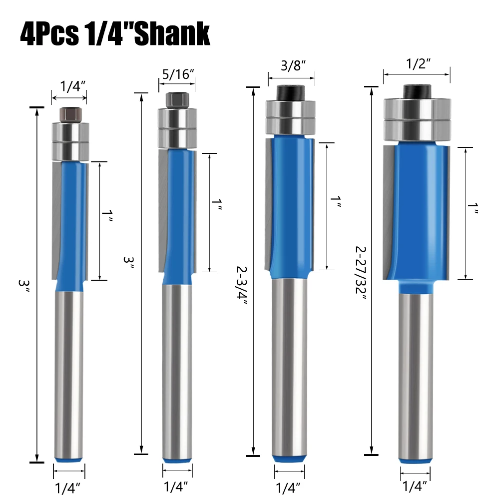 Diame 1/4′′ 5/16′′ 3/8′′1/2′′ Router Bit 6mm1/4′′ Shank Flush Trime Bit With Two Barings Router Bits For Wood Trimming Cutters