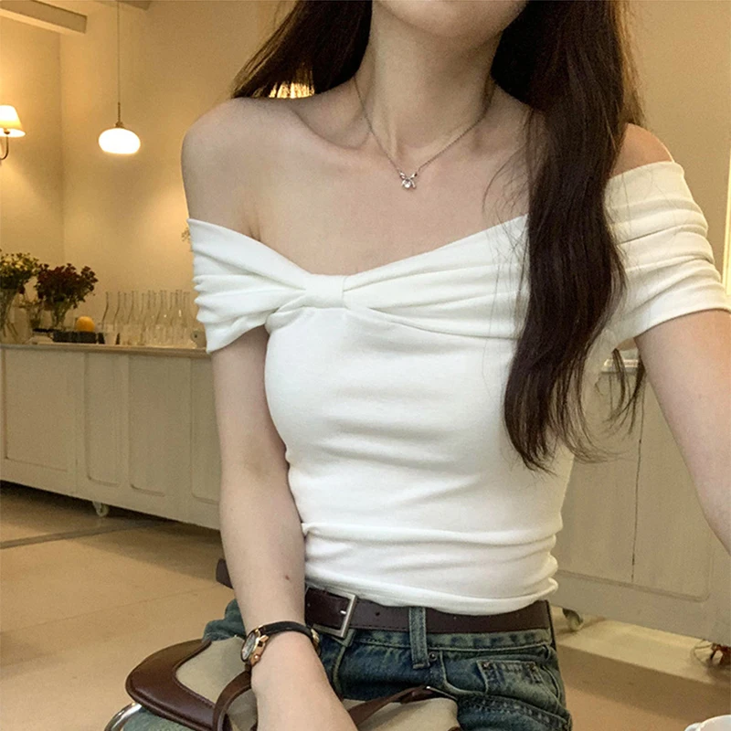 Summer Off Shoulder Bow Short Sleeve T-Shirt Women Stylish Ruched Slash Neck Cropped Tops Daily All-Match Solid Slimming Blouses