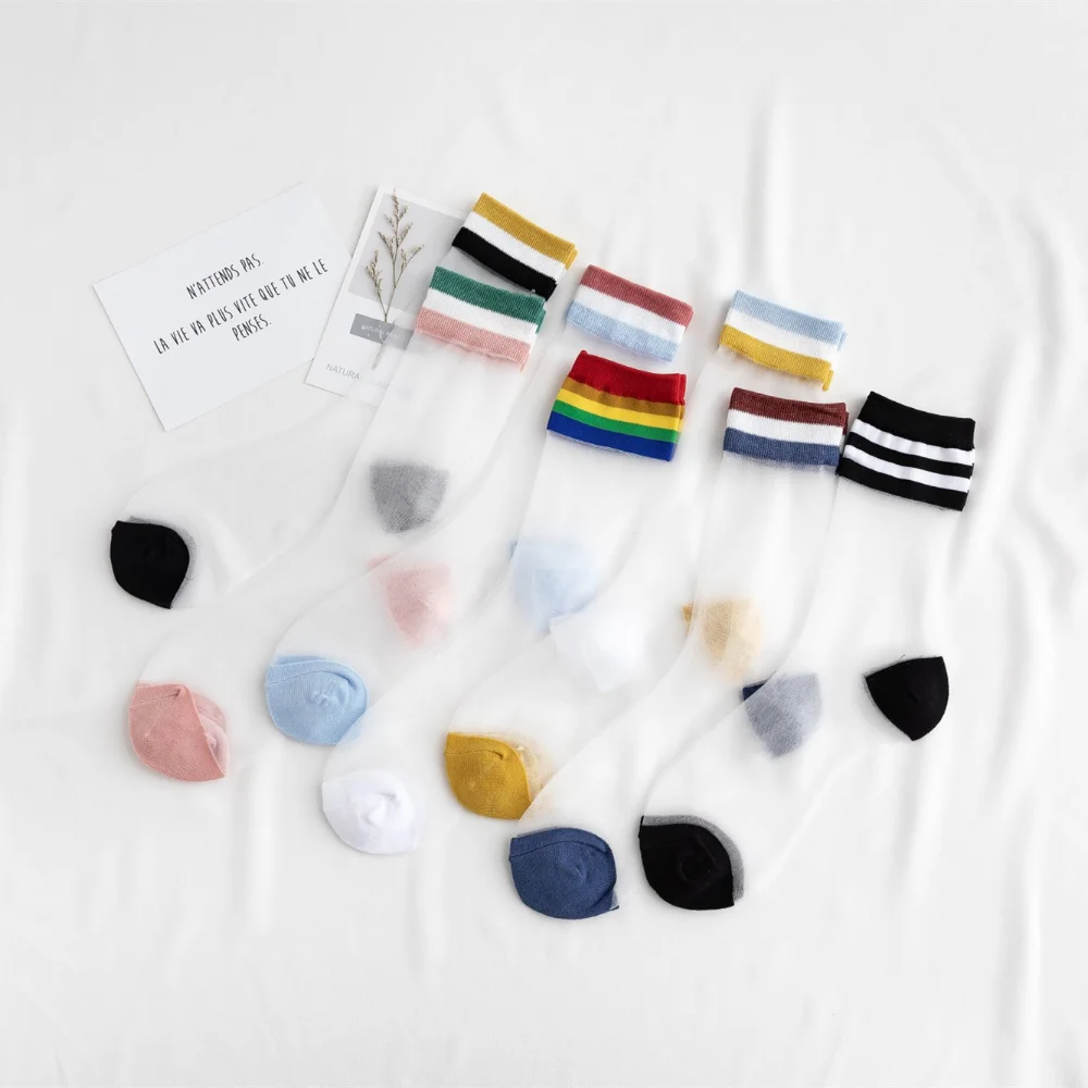 

5-7 Pairs Summer New Women's Japanese Rainbow Stripe Glass Silk Socks Fashion Girls Cute Thin Breathable Crystal Silk Socks